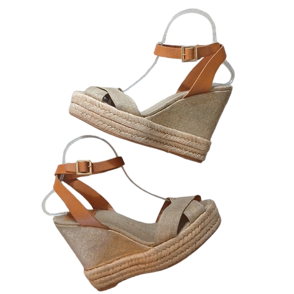 Tory Burch Gold/Brown Platform Canvas Bima Espadrille Wedge Sandals size 9 - Picture 1 of 12